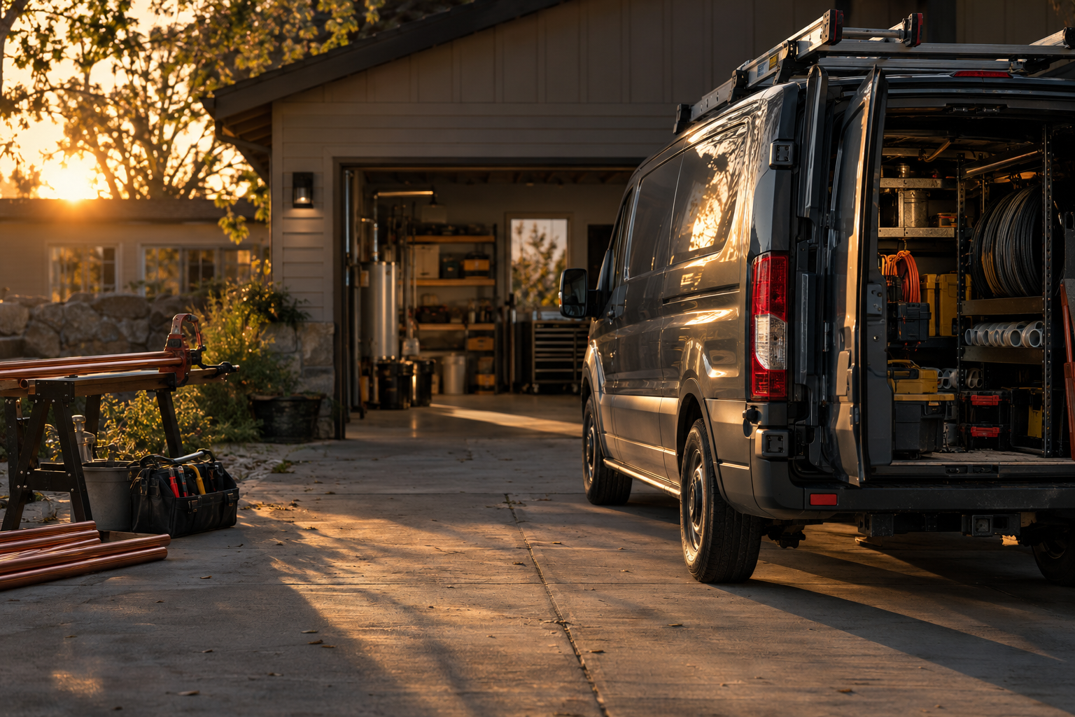 Illustrative service van with tools at a residential jobsite in warm evening light